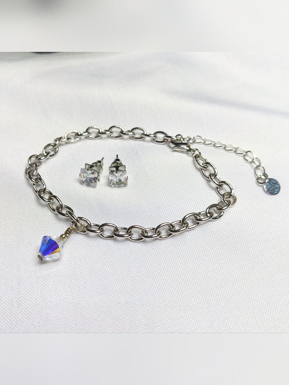 Silver-tone Bicone Crystal Bracelet & Prong-set Faceted Pierced Stud Earring Set